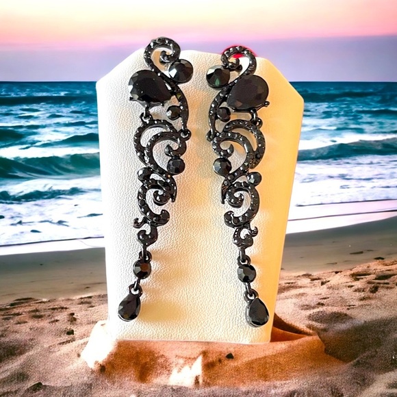 Black Earrings Holiday Halloween Wedding Bridal Black Prom Dress Earrings Dangle - Picture 6 of 6